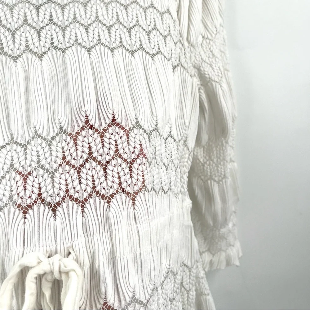 FREE PEOPLE Fire Island Crochet Blouse L Tie Waist Cottage Coquette Boho Top